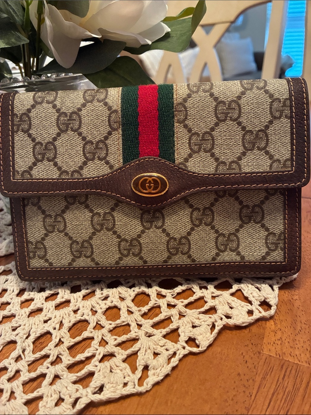Gucci GG AuthenticCanvas Clutch with Green/Red Web and Brown Trim